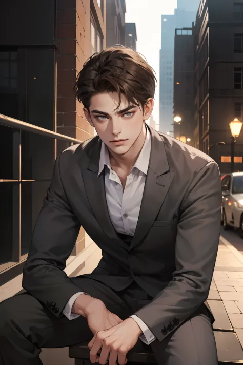 masterpiece, best quality, realistic, 1man, mature male, quiet and charming young man, 25 years old, close his eyes, serious look, extremely detailed face, ((dark grey eyes)), ((short-right-swept dark brown hair)), [thick eyebrows], detective, in the city,...