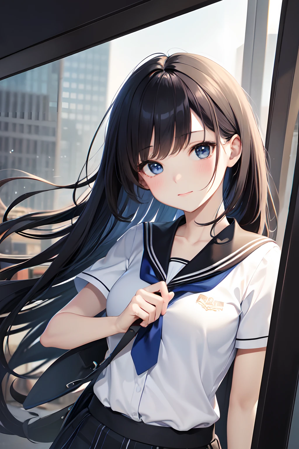 a junior high school student, female, beautiful and cute, solo character, (black single sidelock hair), bright eyes, gradient eyes, school unifrom, breeze blow,(anime style), (cinematic lighting), (ray tracing), ((reflection light)), ((half-body-shot)), atmospheric perspective, masterpiece, accurate, ((best quality)), high quality, super detail, high details, anatomically correct, highRes, 1080p,