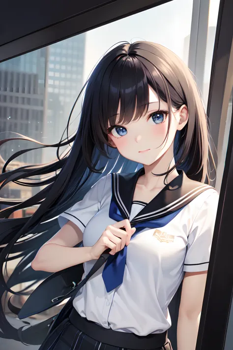 a junior high school student, female, beautiful and cute, solo character, (black single sidelock hair), bright eyes, gradient eyes, school unifrom, breeze blow,(anime style), (cinematic lighting), (ray tracing), ((reflection light)), ((half-body-shot)), at...