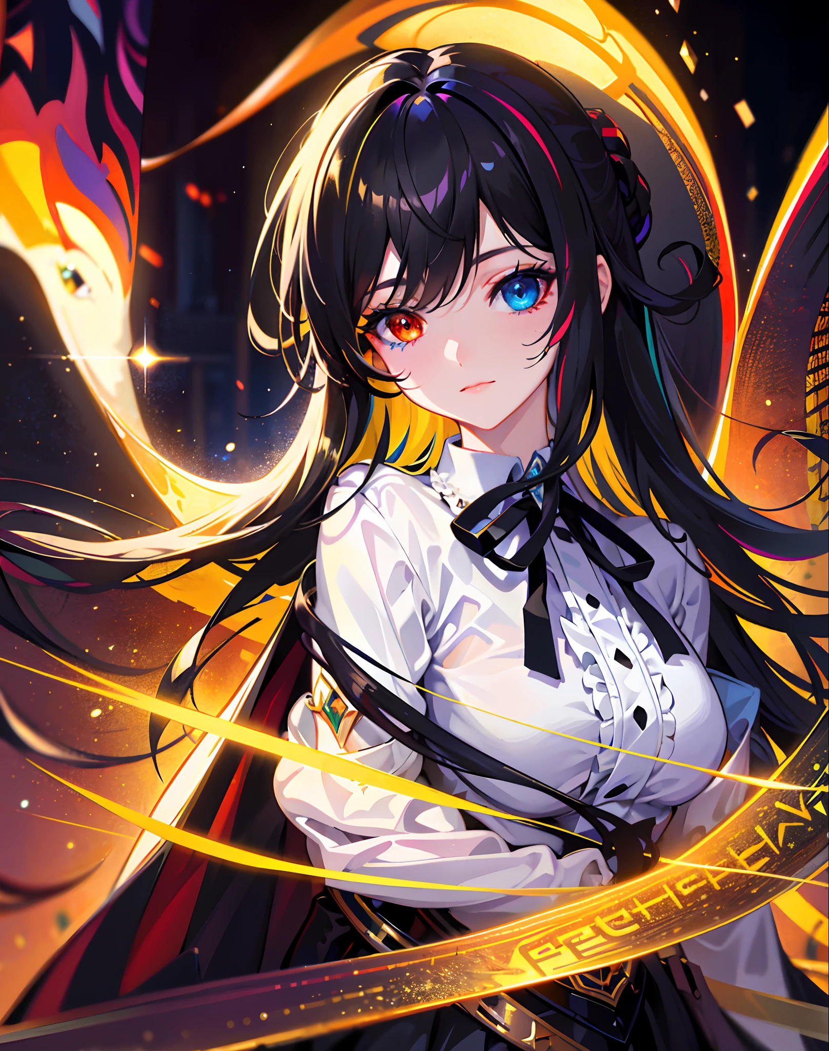 {{masterpiece}}, best quality, extremely detailed CG unity 8k wallpaper, cinematic lighting, lens flare, beautiful detail eyes, black,  side glance,  multicolor hair, colorful light, particles, heterochromia, (colorful:1.5), (colorful hair:1.5),