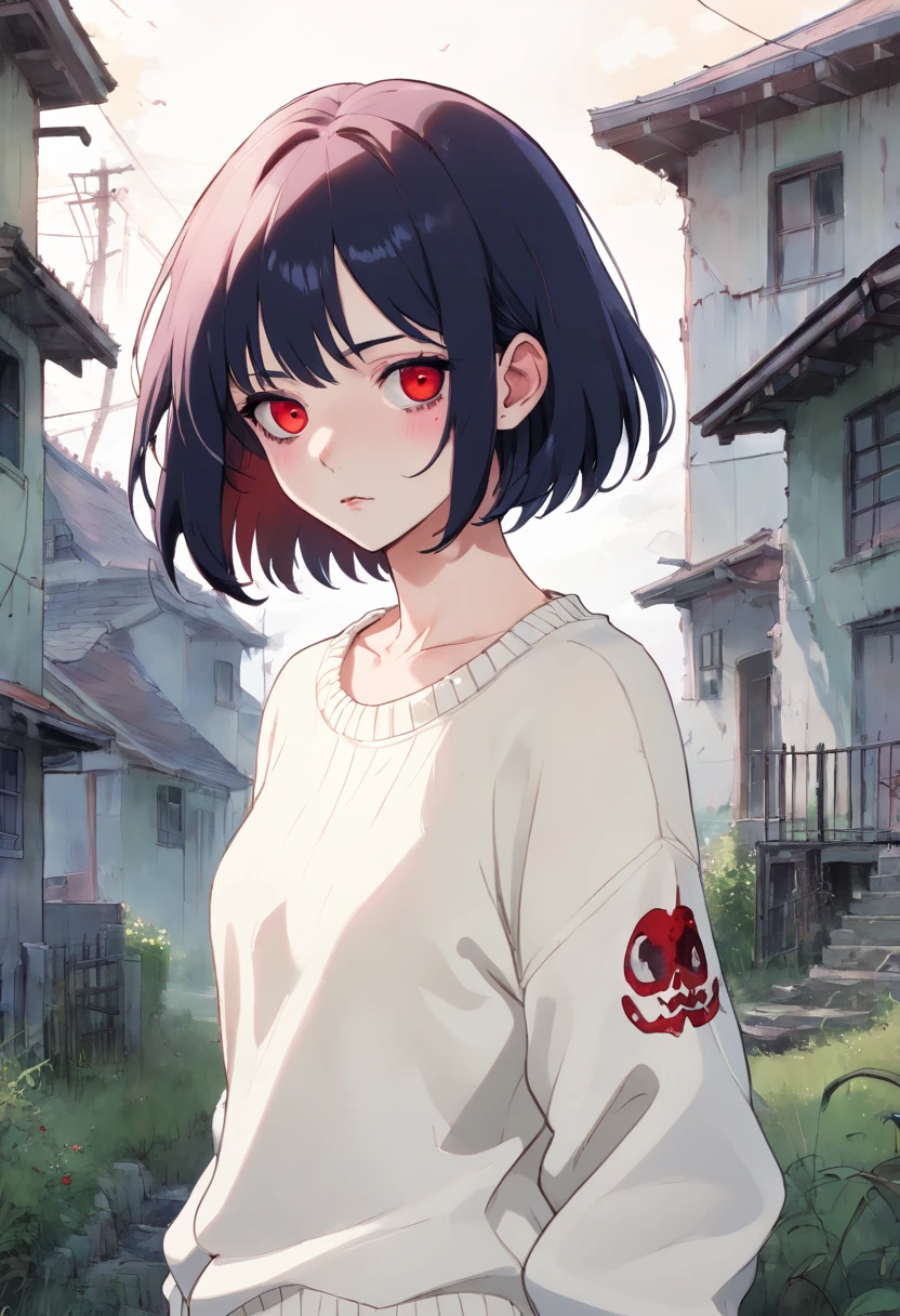 Anime girl with red eyes and a white shirt standing in front of a house -  SeaArt AI