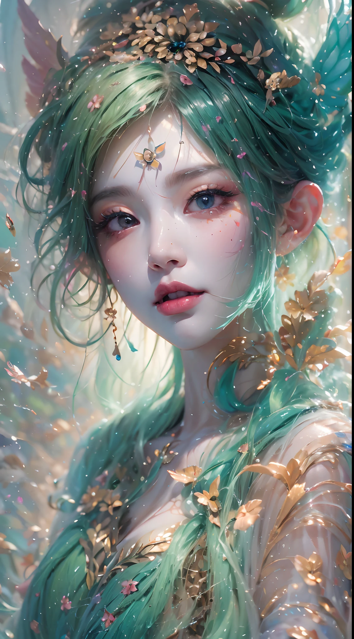 A close up of a woman with green hair and a crown - SeaArt AI