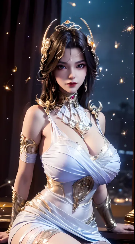 1 beautiful and sexy 20 year old girl, ((wearing a super white dress:1.6)), ((a dress with diamonds:1.7)), ((long Brown-black hair:1.6)), jewelry elaborately made from precious stones and beautiful hair, ((A thin red silk scarf covers half of the face:1.5)...