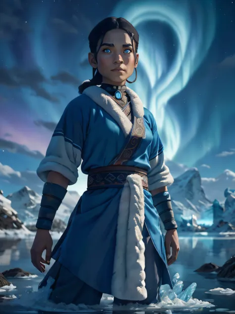 Katara (Avatar the Last Airbender), best quality, realistic, vivid colors, beautiful detailed eyes, flowing water, icy blue color tone, winter landscape, traditional attire, fluffy coat, strong and confident posture, slef defense position, water bending, t...