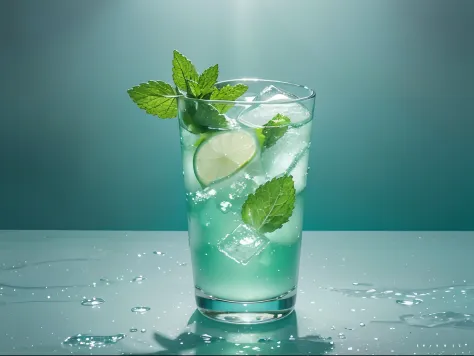 Lemonade in a glass, mint leaves, in an aqua and white background, flowers,  ice cubes, halo, fluid motion, dynamic movement, soft lighting, digital painting,  rule of third's composition
