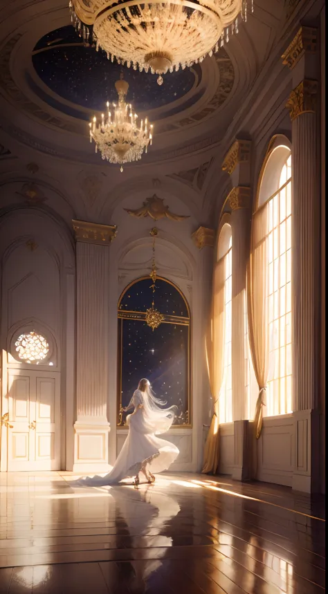 A dancing girl in a white flowery modest gown in a hall of decadent mirrors, her reflections clear across the magnificant hall t...