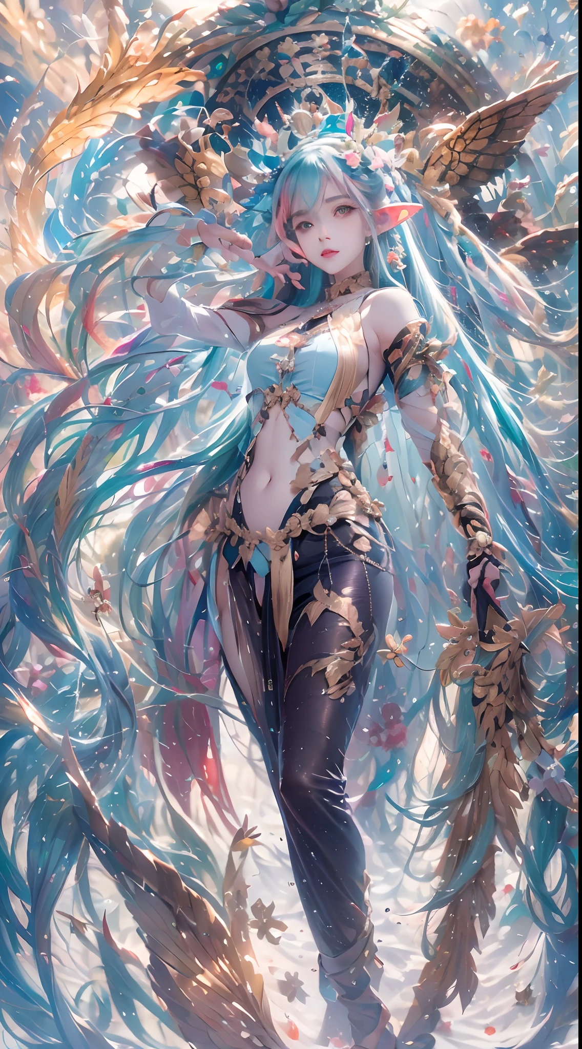 ( Absurd, High quality, Ultra-detailed, Masterpiece, concept-art, smooth, high detail artwork, Hyper-realistic painting , high resolution, paint splatter, colored splashing, Splash of Ink, colored splashing), ((Rainbow hair)),elf, Plum elf, plum , Transparent fairy wings, wearing only his underwear，huge tit，low chest，fairytale-like, Romantic, Vivid, Whole body,hand behind back，Malu，largeeyes，（Eye focus），Cosmic eyes，Space eyes，In nature with waterfalls，pureerosface_v1，ulzzang-6500-v1.1，