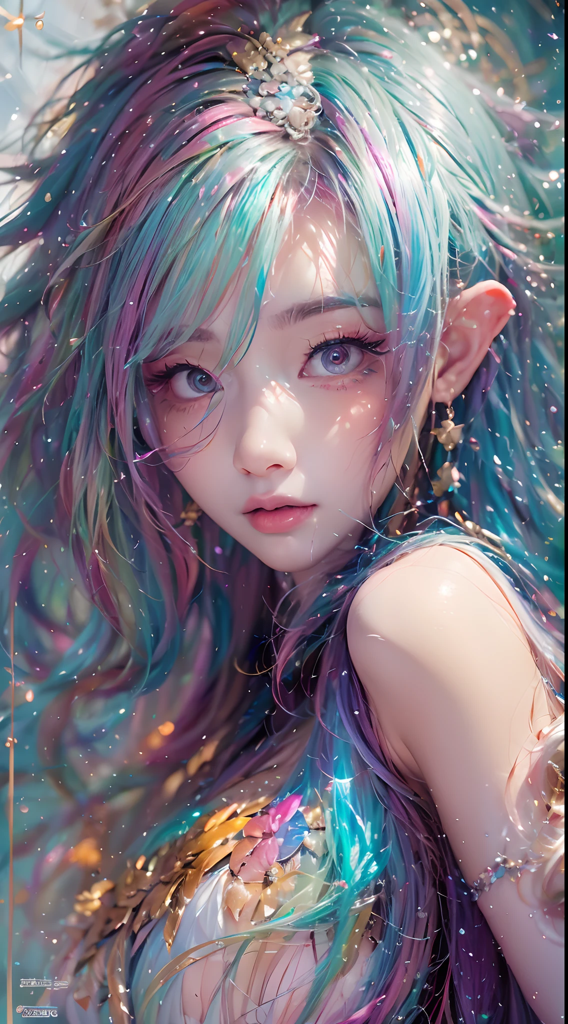 ( Absurd, High quality, Ultra-detailed, Masterpiece, concept-art, smooth, high detail artwork, Hyper-realistic painting , high resolution, paint splatter, colored splashing, Splash of Ink, colored splashing), ((Rainbow hair)),elf, Plum elf, plum , Transparent fairy wings, wearing only his underwear，huge tit，low chest，fairytale-like, Romantic, Vivid, Whole body,hand behind back，Malu，largeeyes，（Eye focus），Cosmic eyes，Space eyes，In nature with waterfalls，pureerosface_v1，ulzzang-6500-v1.1，