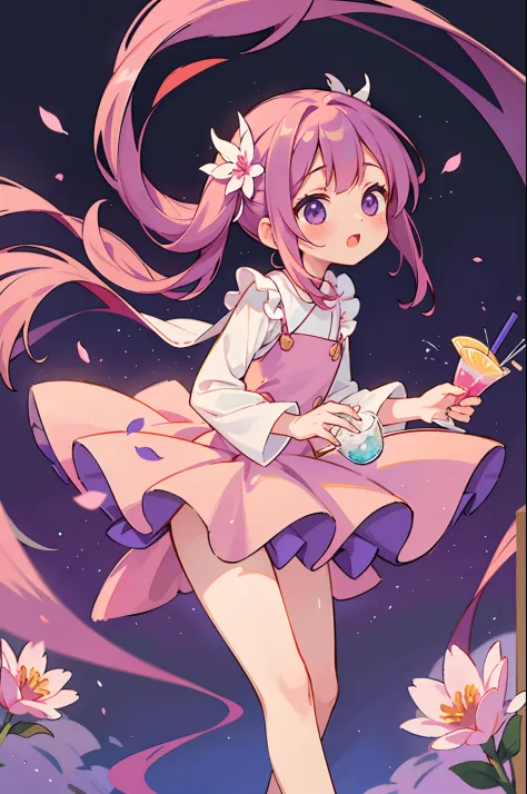 Cute Girl、Purple and pink petals pour a thriving cocktail flowing around her、Create dazzling displays。