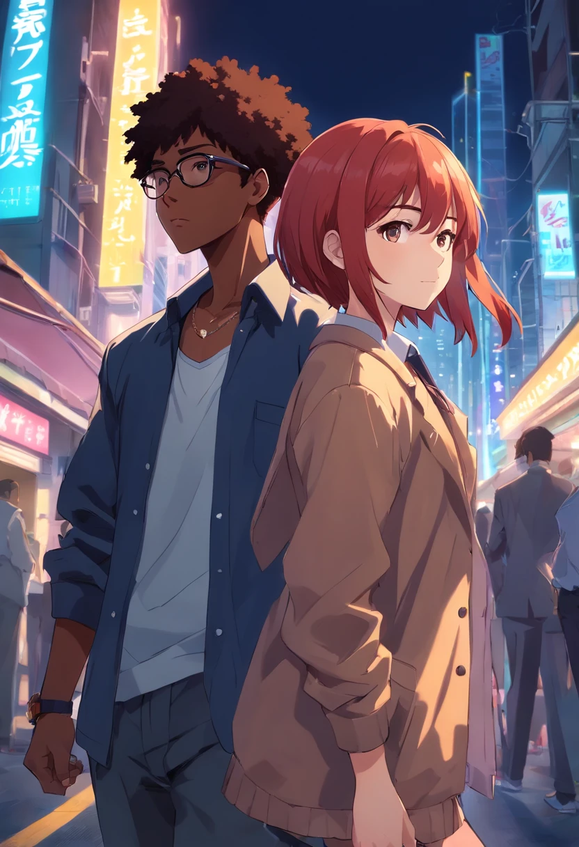 A couple of anime characters standing in the middle of a city - SeaArt AI