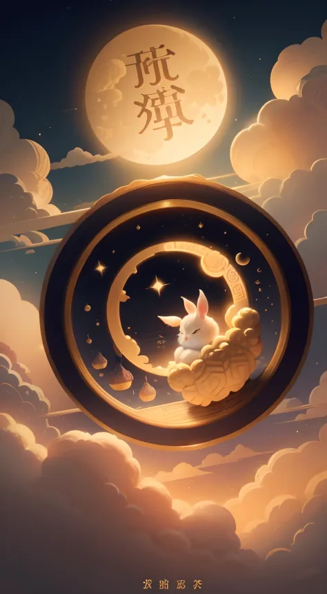 Mid-Autumn Festival poster ，Delicate mooncake picture around rabbit，gold background，Auspicious clouds，palaces，Moon ,Moon, mooncake,  Auspicious clouds, Country tidal wind illustration