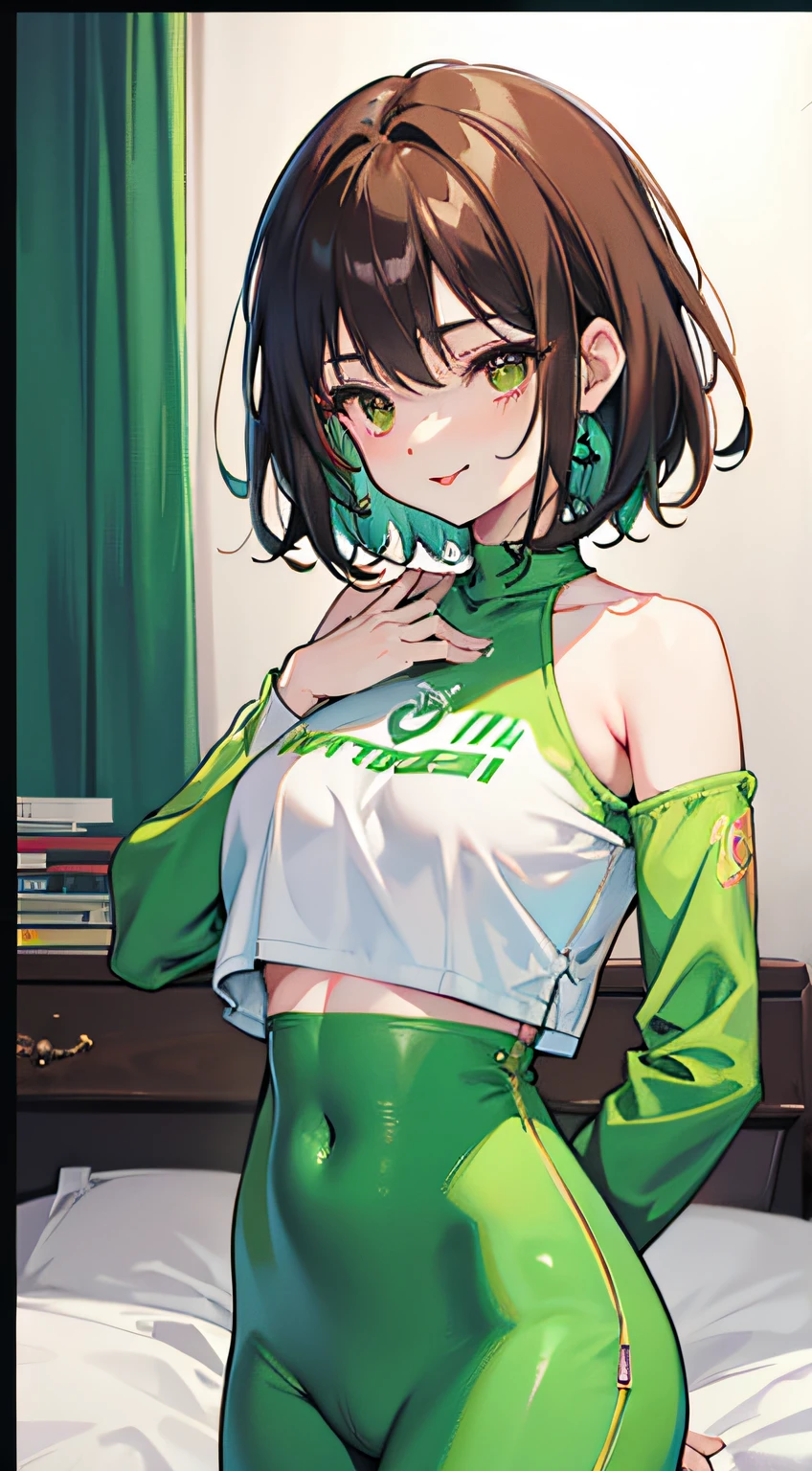 Anime girl in green and white outfit posing on bed - SeaArt AI