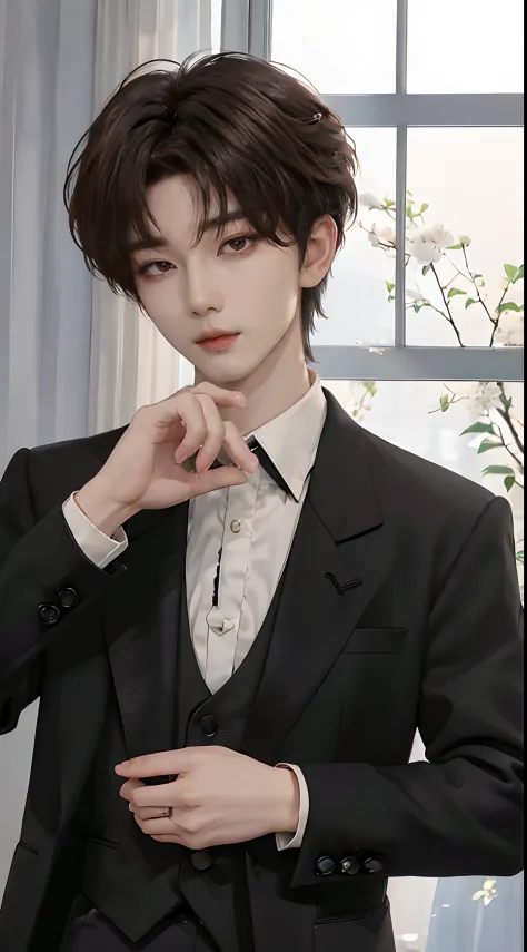 ((4K works))、​masterpiece、（top-quality)、((high-level image quality))、((One Manly Boy))、Slim body、((Man in black tuxedo))、(Detailed beautiful eyes)、window、deacon、Face similar to Chaewon in Ruseraphim、((short hair above the ears))、((Smaller face))、((Neutral ...