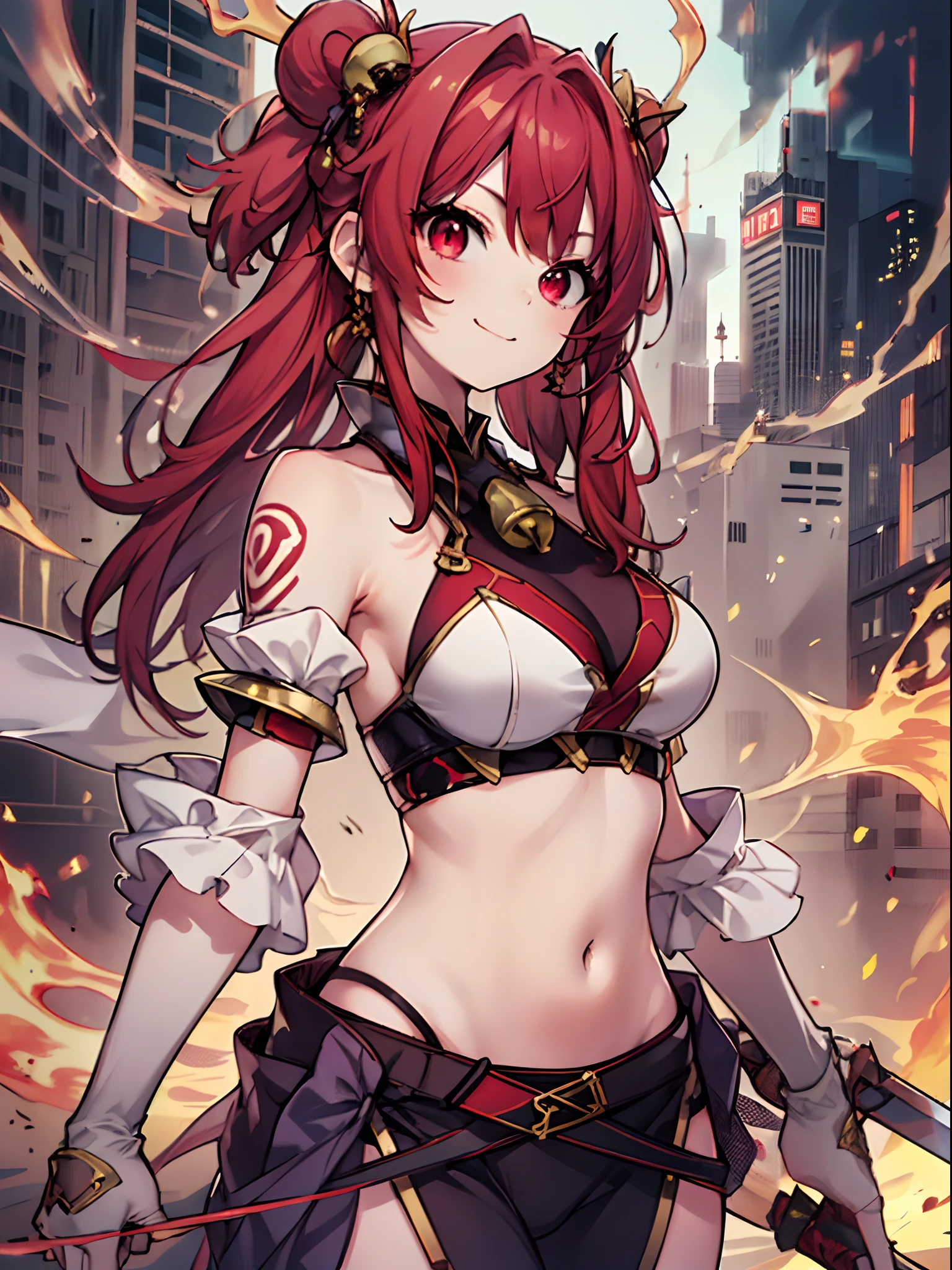 1girl in, (Chiquita:1.2), 
1girl in, Solo, Red Eyes, Red hair, bell, Twin-tailed, 
(Close Shot, Best Quality, hight resolution, 4K, Detailed Lighting, Shaders), 
Holding a sword in both hands, 
Smiling,