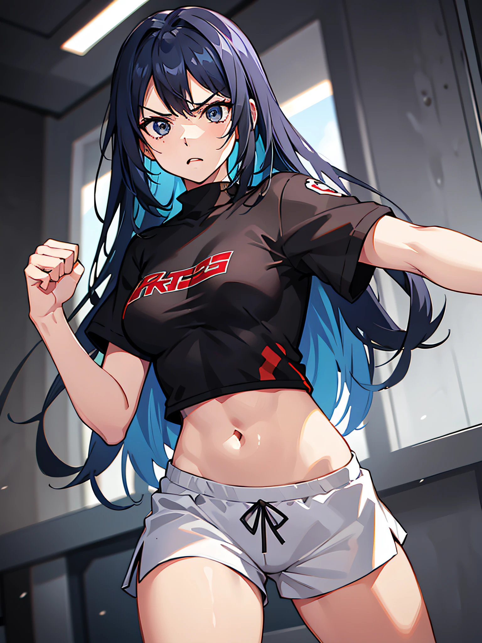 若い女の子, 長い青い髪, 黒目, ブラックTシャツ, レッドブレイクホワイトスポーツショーツ, 怒り, 戦闘姿勢, 堂々とした，傑作, 高品質