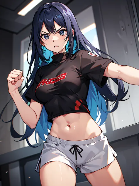 young girl, Long blue hair, Black eyes, Black T-shirt, Red BREAK white sports shorts, Angry, Fighting stance, Imposing，Masterpie...