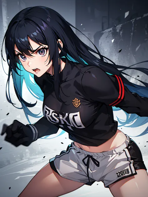 young girl, Long blue hair, Black eyes, Black T-shirt, Red BREAK white sports shorts, Angry, Fighting stance, Imposing，Masterpie...