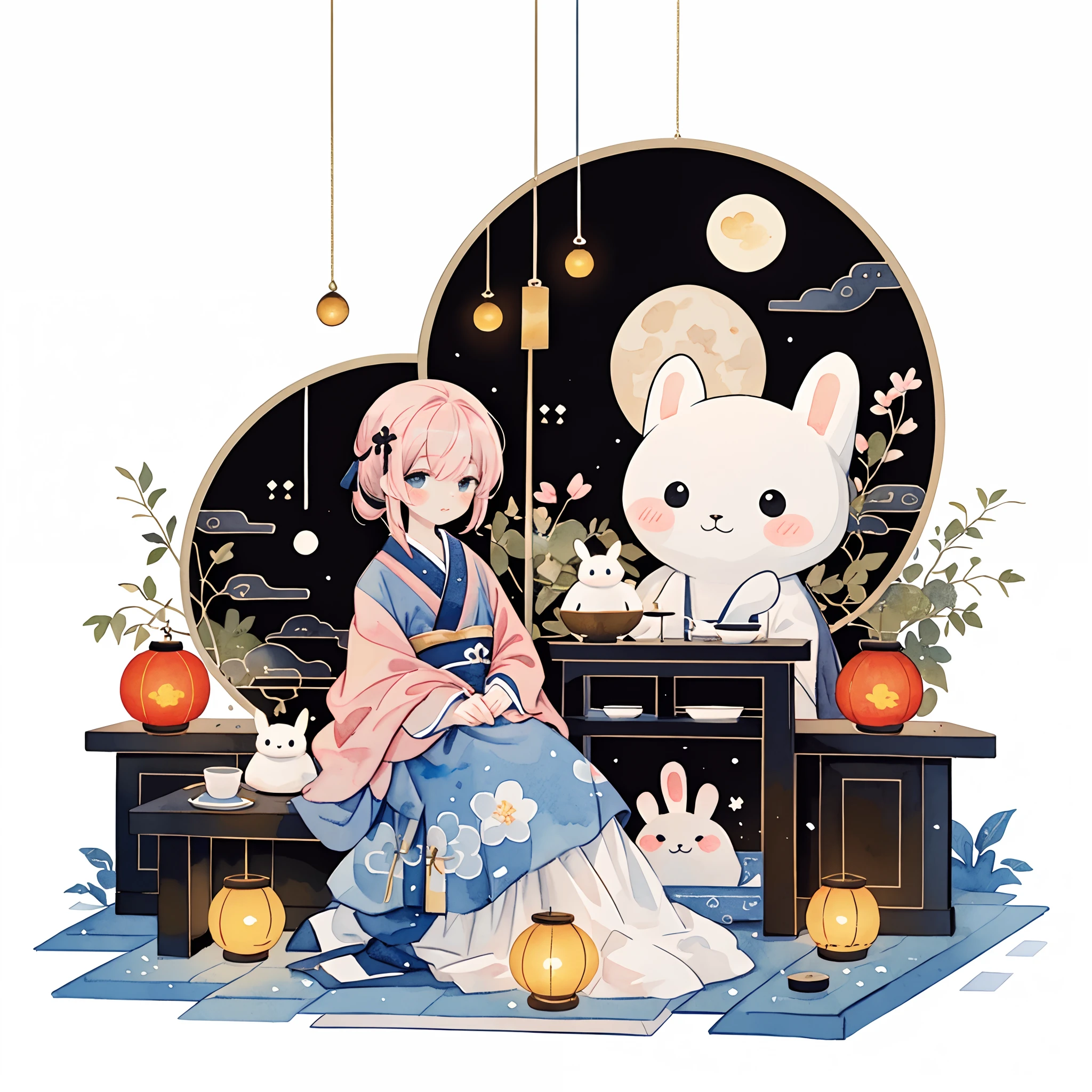 (pastelcolor:1.3)、(cute illustration:1.3)、(watercolor paiting:1.1),（A rabbit：1.4）, sat on the ground, Looking up, （（Mid-Autumn Festival atmosphere，sweet osmanthus，Kongming Lantern，Meniscuoon cake）），（Chinese kanji：1.3），Traditional Chinese illustration style, Digital art, Simple background, Masterpiece on white background, Best quality, Ultra-detailed, High quality, 4K