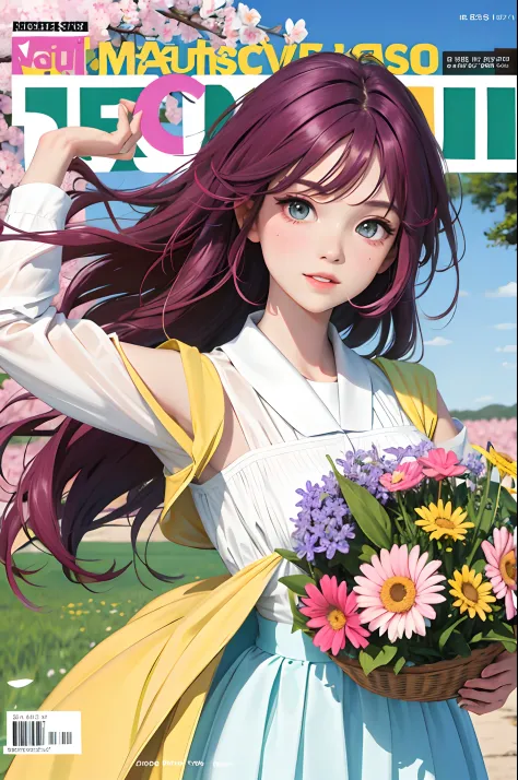 Masterpiece, Best quality, spring outfit, Colorful hair,  En plein air, MagazineCover ,Upper body,