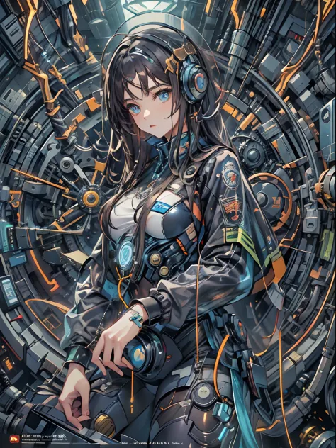 Comic magazine cover, garota fofa:1.2, techwear outfits, Mechanical spiders, electric cables, gear wheel, lap, fractals, art  st...