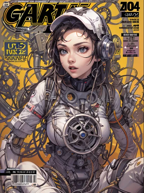 Comic magazine cover, garota fofa:1.2, techwear outfits, Mechanical spiders, electric cables, gear wheel, lap, fractals, art  st...