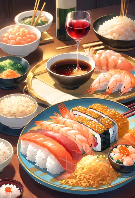 Luxurious golden most expensiveSushi food with rice and sauce, with fried rice and shrimps, and wine, photographic pic, high quality