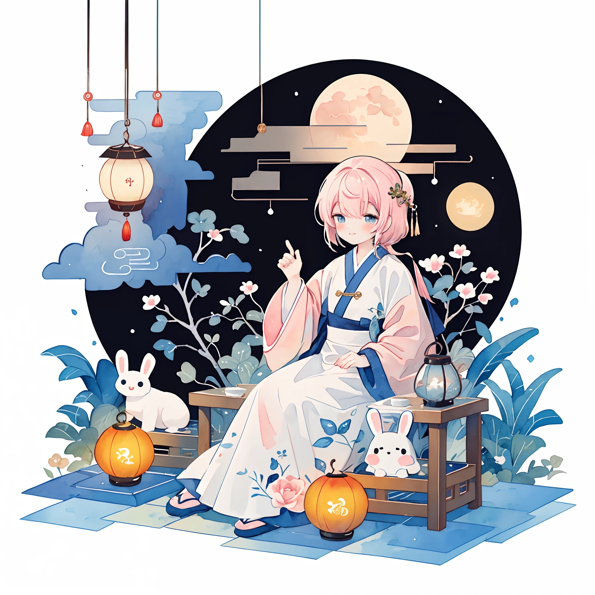 (pastelcolor:1.3)、(cute illustration:1.3)、(watercolor paiting:1.1),（A rabbit：1.4）, sat on the ground, Looking up, （（Mid-Autumn Festival atmosphere，sweet osmanthus，Kongming Lantern，Meniscuoon cake）），（Chinese kanji：1.3），Chinese Traditional illustration style, Digital art, Simple background, Masterpiece on white background, Best quality, Ultra-detailed, High quality, 4K