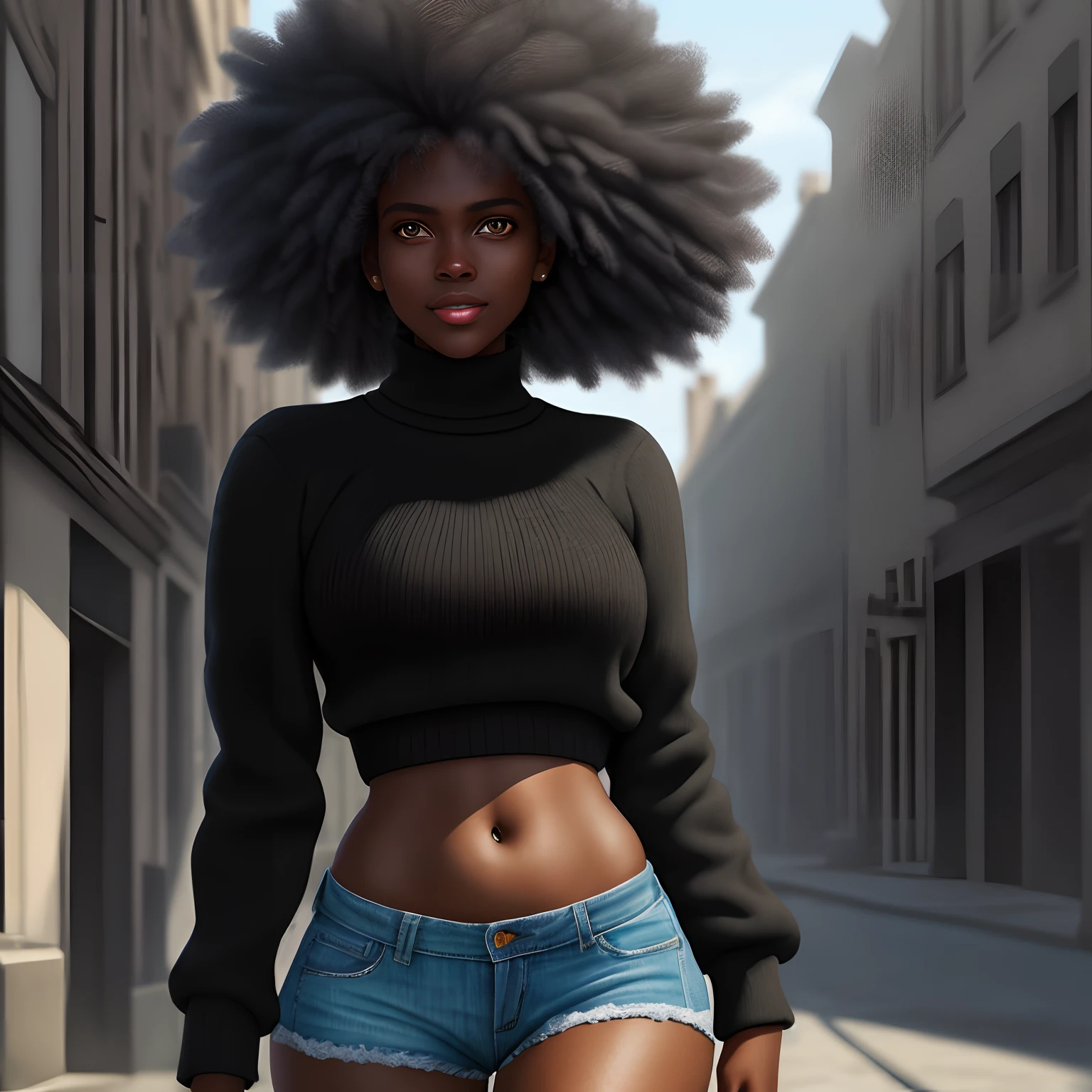 Fotorealist, beste-Qualit, Eine dunkelhäutige schwarze Frau trägt einen detaillierten grünen Rollkragenpullover mit einer komplizierten schwarzen Jacke und sehr kurzen Jeansshorts auf einer Straße , Asymmetrischer Afro-Haarschnitt, Bauch, lächeln, bosseler, Ultraverrückte Widmungen, extrem komplizierte Details, Holprige Lücke, Arsch um HDR, natürliches Licht, volumetrische Schattierung, Dynamische Pose, Hyperrealistisch, Realistische Beleuchtung, Dramatische Schatten, Starrer Fokus, Hoher Kontrast, Dramatische Schatten de perspective dramatique,