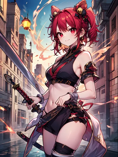 1girl in, (Chiquita:1.2), 
1girl in, Solo, Red Eyes, Red hair, bell, Twin-tailed, 
(Close Shot, Best Quality, hight resolution, 4K, Detailed Lighting, Shaders), 
Holding a sword in both hands, 
Smiling,