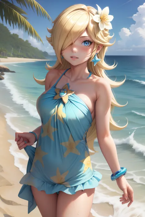 (1girl, rosalina), blonde hair, hair covering one eye, blue eyes, swimwear, flower, standing at beach