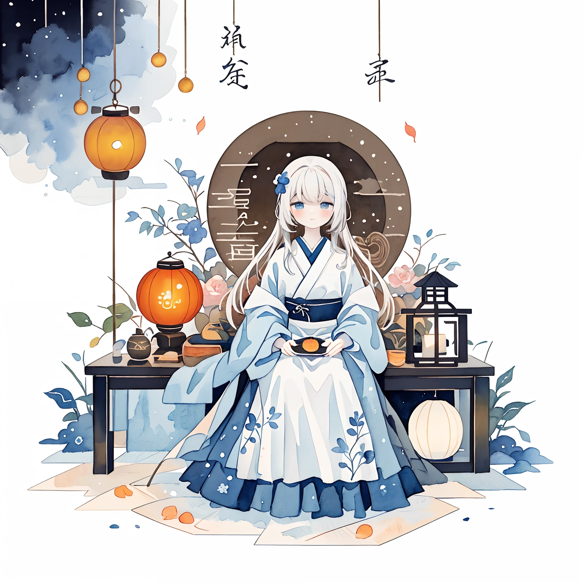 (pastelcolor:1.3)、(cute illustration:1.3)、(watercolor paiting:1.1),（A rabbit：1.4）, sat on the ground, Looking up, （（Mid-Autumn Festival atmosphere，sweet osmanthus，Kongming Lantern，Meniscuoon cake：1.3）），（Chinese kanji：1.3），Traditional Chinese illustration style, Digital art, Simple background, Masterpiece on white background, Best quality, Ultra-detailed, High quality, 4K