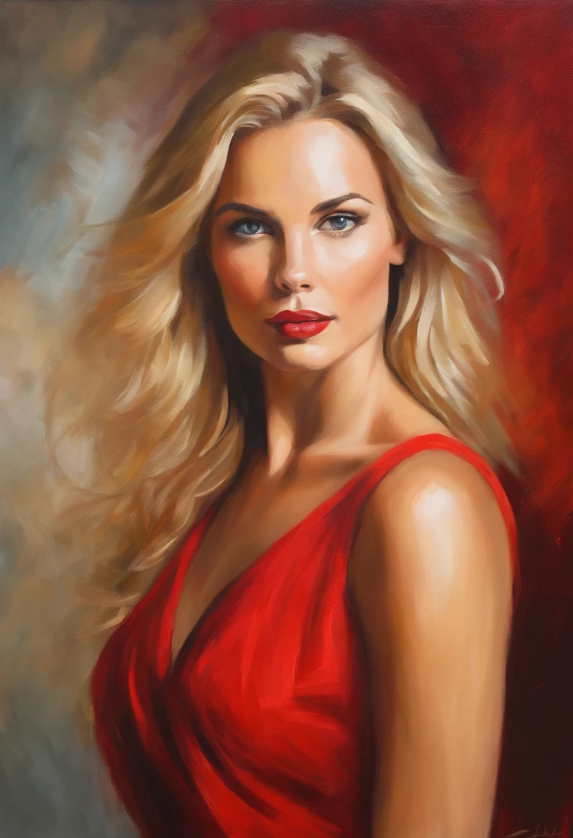 Female portrait, beautiful woman, blond hair, eyes looking at camera, red dress, acrylic painting, impressionist style, heavy brush stokes, vibrant colors, textured paint, face photo realistic, fine art painting.