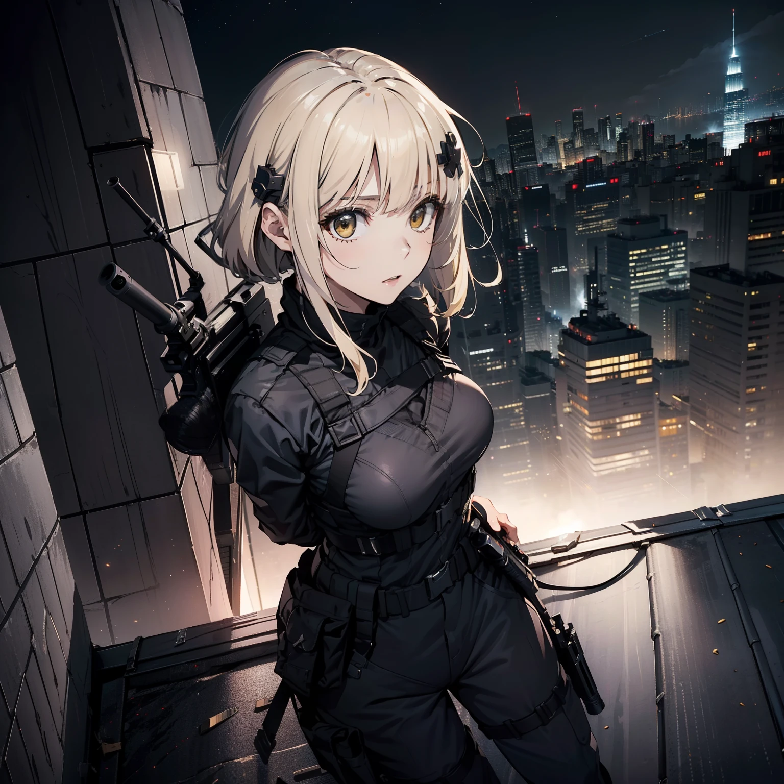 (Trained female soldiers)、((Aim and fire your rifle:1.4、Sniper stance、guns、h&K HK416))、1 Women、thick body、(Black combat uniform)、(platinum-blonde-hair:1.2)、((超A high resolution))、Detail Write、​masterpiece、top-quality、extremely details CG、8K picture quality、Cinematographic lighting、lensflare、(Skyscraper rooftop at night:1.4)、Hyper-detailing、((Dynamic Angle Bust Shots:1.4))、Detailed firearm depiction、Rifle with perfect detail、Perfect barrel that does not distort、Fighter in the sky、