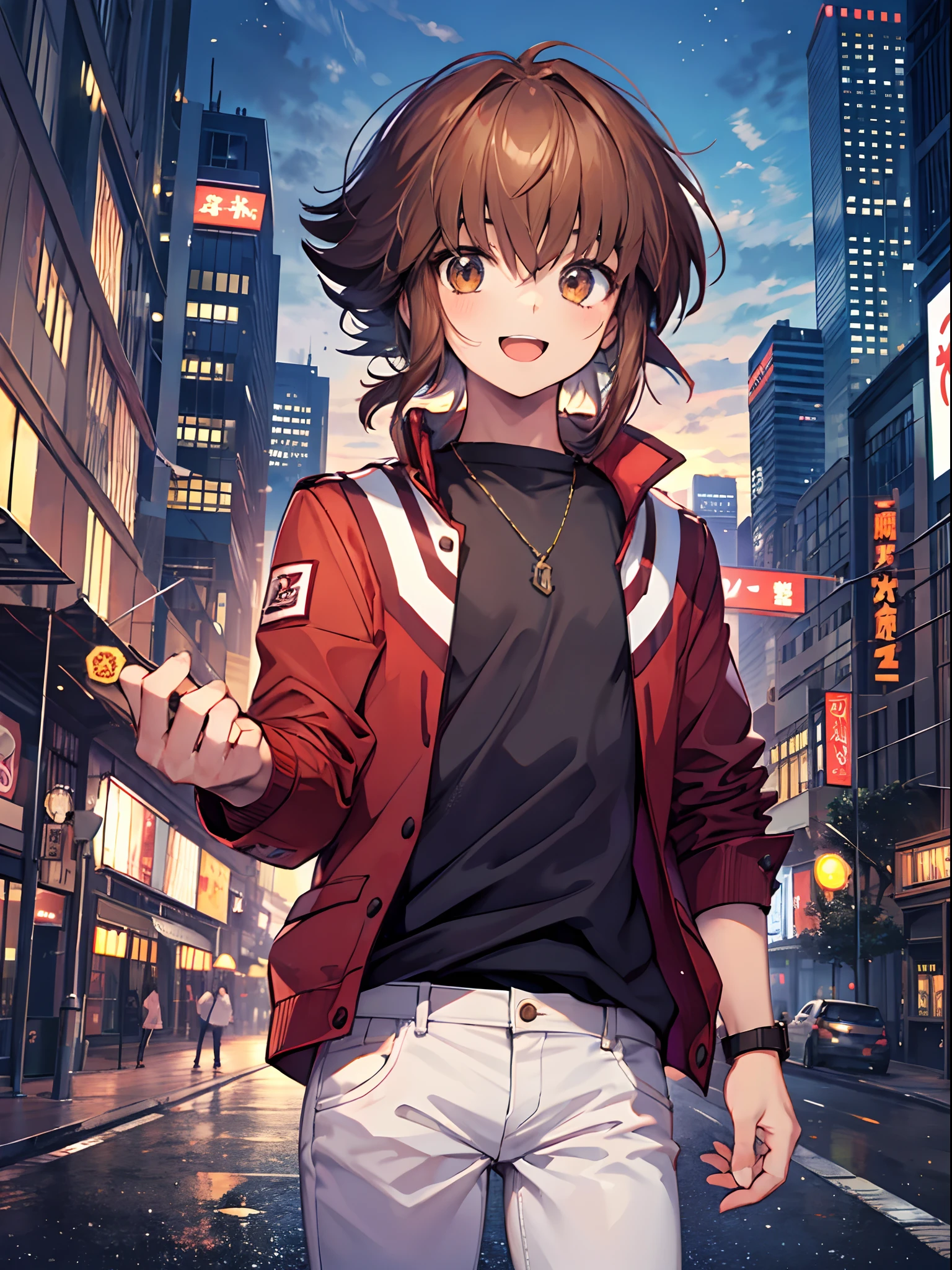 Yuuki Judai, 1boy, Brown hair, Solo, Red jacket, Bangs, Black shirt, Open jacket, hair between eye, Open mouth, Smile, White pants, red footwear, Outdoors, Duel Academy Uniforms (遊戯王! nffsw),
skyscraper, night, 
(Close Shot, Best Quality, hight resolution, 4K, Detailed Lighting, Shaders), 
Smile,
Looking at Viewer, Cowboy Shot,
handshake,