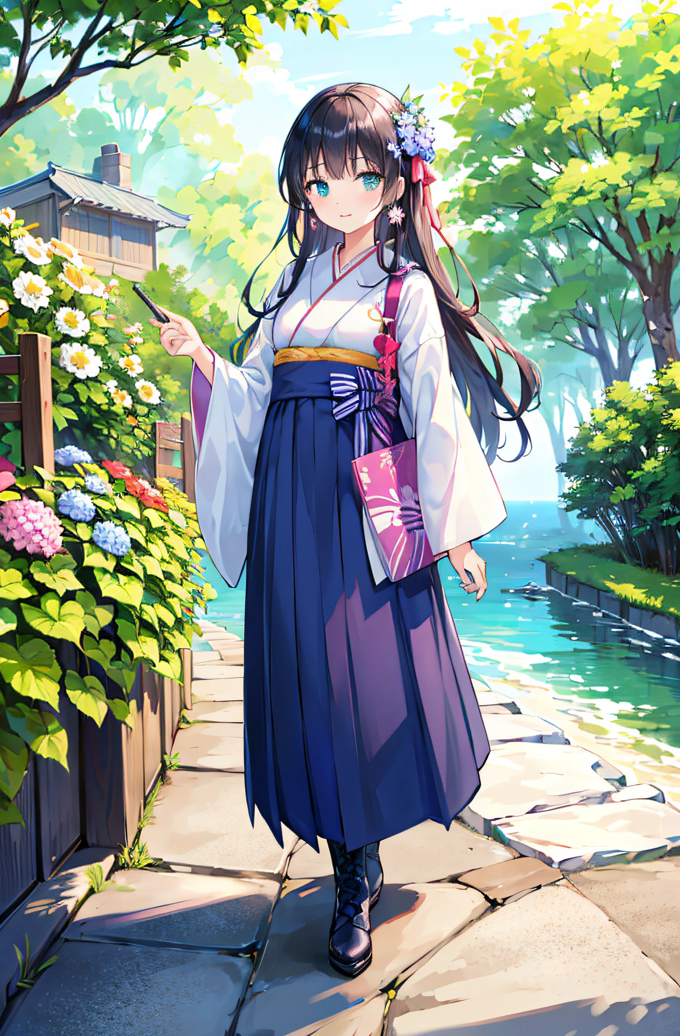 ((​masterpiece、top-quality、ighly detailed、insanely detaileda、Detailed CG、8k wallpaper))、(1girl in:1.4)、Super Idol、face perfect、Teen、plein air、(Summer Cloud:1)、(A darK-haired、The long-haired、hakama、kimono:1.1)、hair adornments、Walking、(hydrangeas:1)、(green leafs)、long boots、Standing、solo、Look at viewers