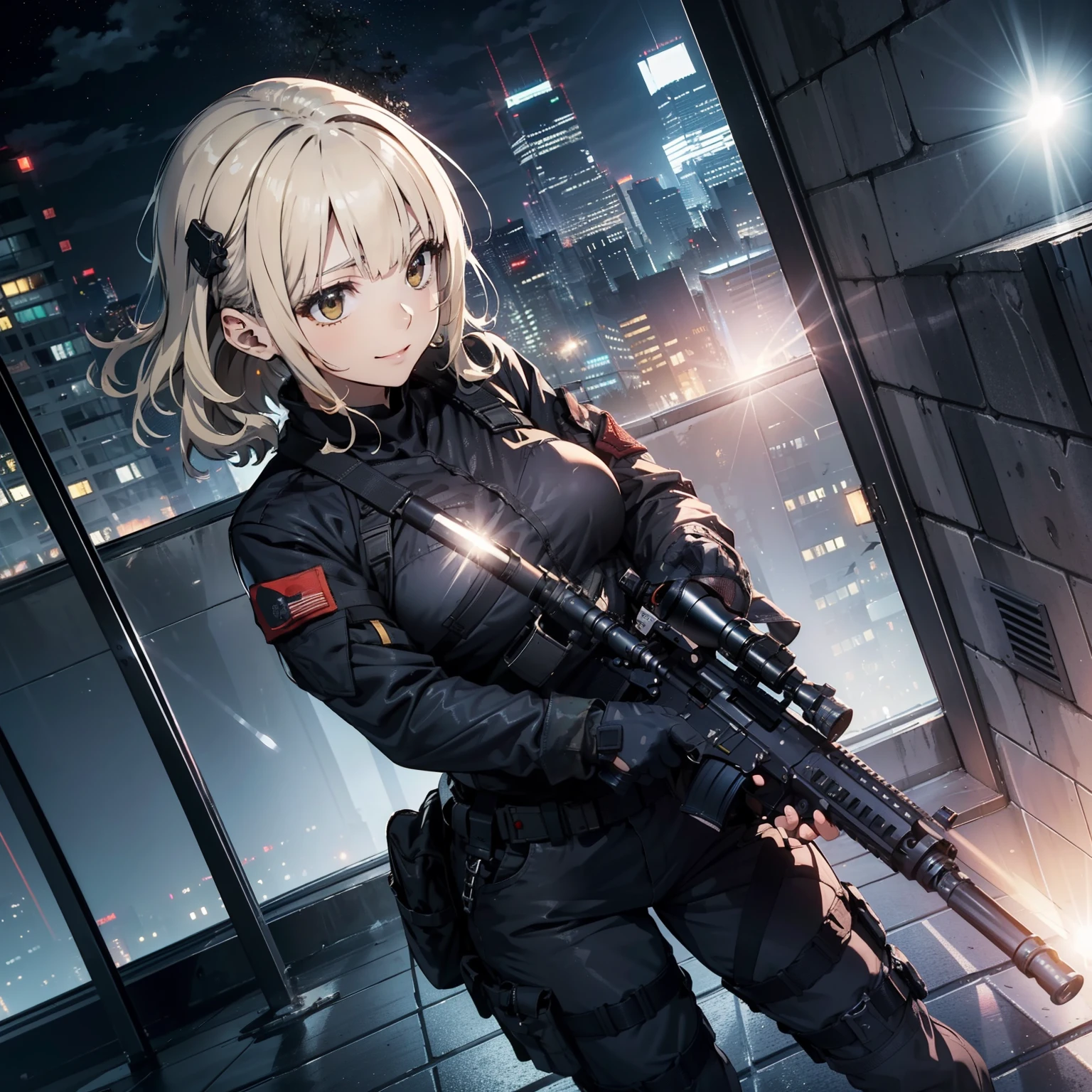 (Mulheres soldados treinadas)、((Mire e dispare seu rifle:1.4、Postura de atirador、guns、H&K HK416))、1 mulheres、um sorriso、tHick body、(Uniforme de combate preto)、(platinum-blonde-Hair:1.2)、((超A HigH resolution))、Gravação detalhada、obra-prima、qualidade máxima、extremamente detalhes CG、Qualidade de imagem 8K、CinematograpHic ligHting、reflexo de lente、(Skyscraper rooftop at nigHt:1.4)、Hiper-detalhamento、((Dynamic Angle Bust SHots:1.4))、Representação detalhada da arma de fogo、Rifle witH perfect detail、Perfect barrel tHat does not distort、Combat Helicopter flying in tHe nigHt sky