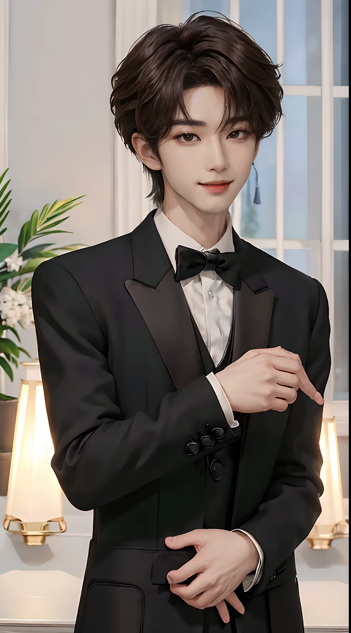 ((4K works))、​masterpiece、（top-quality)、((high-level image quality))、((One Manly Boy))、Slim body、((Man in black tuxedo))、(Detailed beautiful eyes)、window、deacon、Face similar to Chaewon in Ruseraphim、((short hair above the ears))、((Smaller face))、((Neutral face))、((Light brown eyes))、((Korean boy))、((18year old))、((Handsome man))、((Smiling expression))、((Korean Makeup))、((elongated and sharp eyes))、((Focus zoom out))、((Butler Photos))、Professional Photos、((Shot alone))、((Upper body photography))、((Butler Pose))