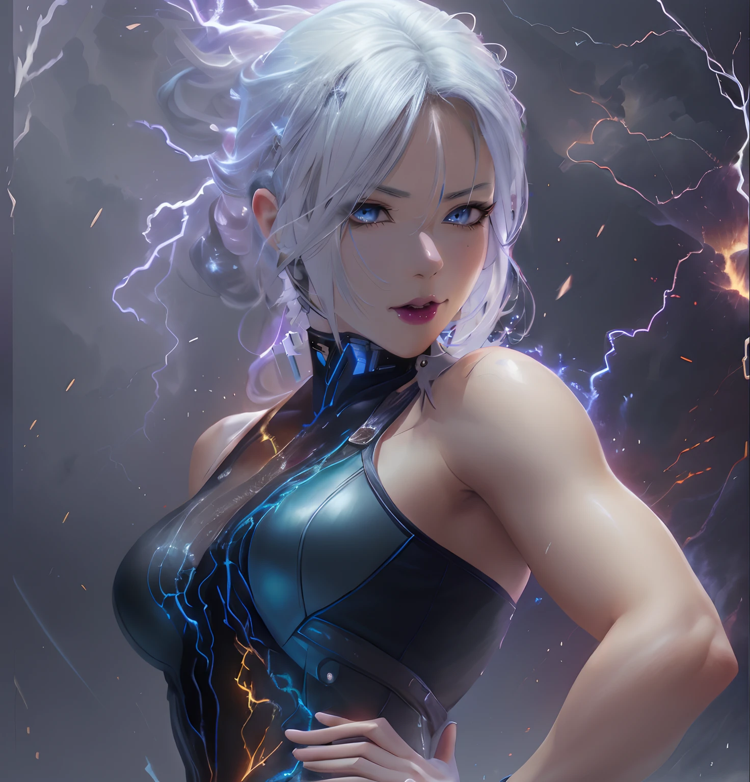 anime girl with lightning and lightning in her hair, cyborg - girl with silver hair, ig model | artgerm, extremely detailed artgerm, ross tran 8 k, splashes of lightning behind her, artgerm julie bell beeple, goddess of lightning, artgerm on artstation pixiv, drawn in the style of artgerm