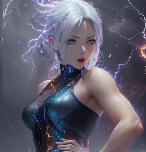 anime girl with lightning and lightning in her hair, cyborg - girl with silver hair, ig model | artgerm, extremely detailed artg...