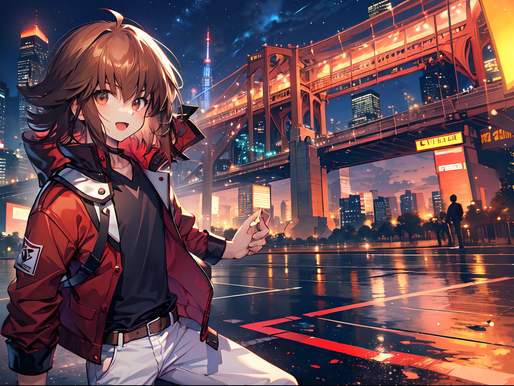 Yuuki Judai, 1boy, Brown hair, Solo, Red jacket, Bangs, Black shirt, Open jacket, hair between eye, Open mouth, Smile, White pants, red footwear, Outdoors, Duel Academy Uniforms (遊戯王! nffsw),
Skyscraper, Night, 
(Close Shot, Best Quality, hight resolution, 4K, Detailed Lighting, Shaders), 
Serious, 
Looking at Viewer, Cowboy Shot,
Dynamic Pose,