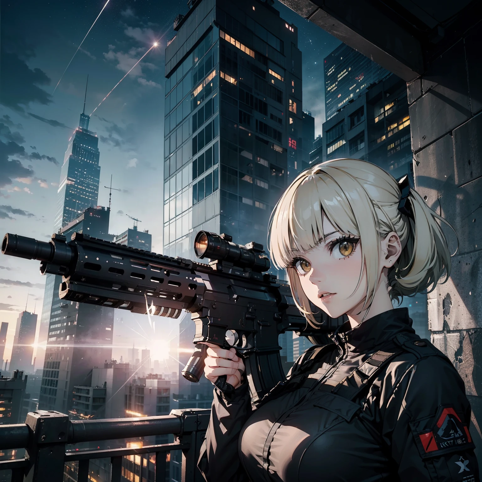 (Trained female soldiers)、((Aim and fire your rifle:1.4、Sniper stance、guns、h&K HK416))、1 Women、Serious look、thick body、(Black combat uniform)、(platinum-blonde-hair:1.2)、((超A high resolution))、Detail Write、​masterpiece、top-quality、extremely details CG、8K picture quality、Cinematographic lighting、lensflare、(Skyscraper rooftop at night:1.4)、Hyper-detailing、((Dynamic Angle Bust Shots:1.4))、Detailed firearm depiction、Rifle with perfect detail、Perfect barrel that does not distort、Combat helicopter flying in the night sky