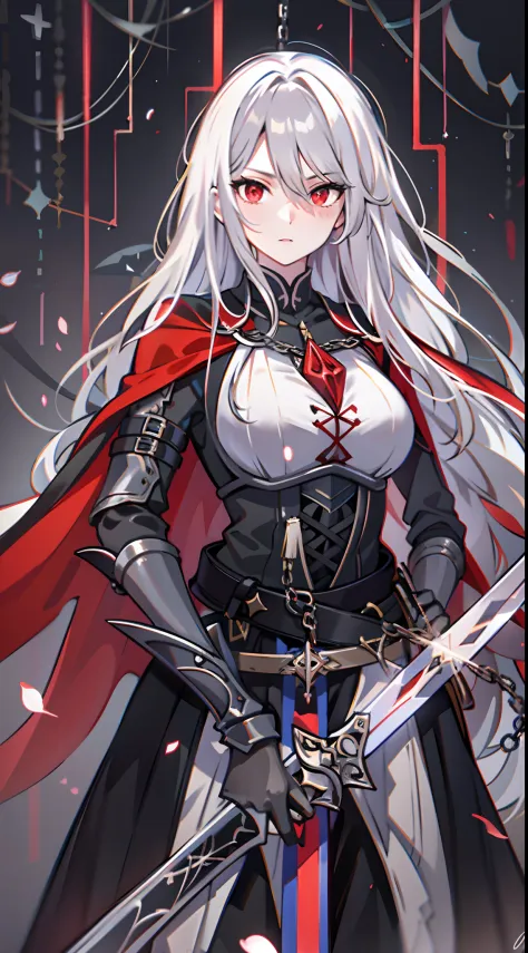 upper body, 1woman, grey hair, Long Haired, red eyes, ((swordwoman)), black cape, big breats, wallpaper, black with red line tun...