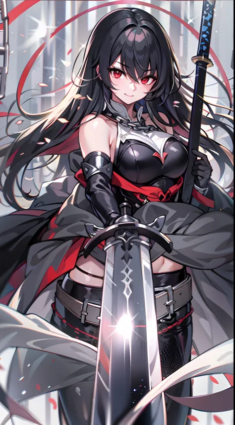 upper body, 1woman, grey-black hair, Long Haired, red eyes, ((swordwoman)), black cape, big breats, wallpaper, chain background, light particles, ((masterpiece)), ((best quality)), ((Top Quality)), pale white skin, solo, long black sword on back, closed-mo...