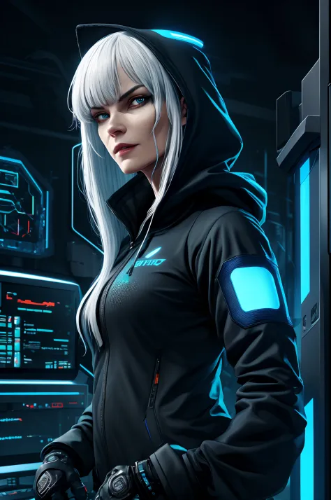 (absurdres, highres, ultra detailed), 1woman, mature female, aged up, wavy long hair, white hair, black eyes, bangs, long sleeve...