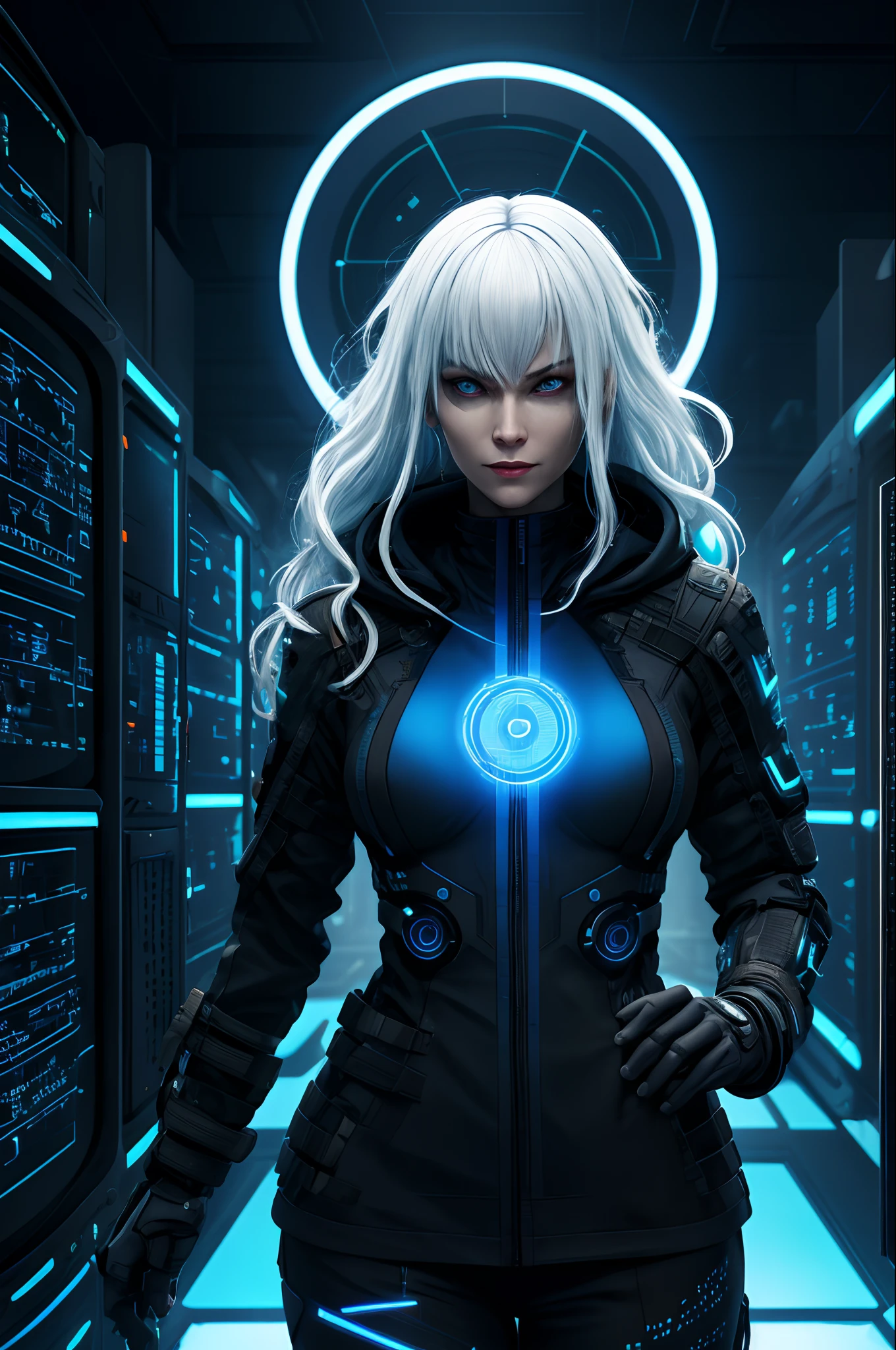 (absurdres, highres, ultra detailed), 1woman, mature female, aged up, wavy long hair, white hair, black eyes, bangs, long sleeves, finely detailed eyes and detailed face, extremely detailed CG unity 8k wallpaper, intricate details, portrait, looking at viewer, solo, (full body:0.6), detailed background, detailed face, (matrix theme:1.1) evil high-tech futuristic hacker,  advanced technology, hoodie, techwear, wearable device, keycard, cables, head-up display, blue (holographic display:1.05), access granted,   cybersecurity, server room in background, orange lights,  dark sinister atmosphere, , portrait, wind swirling