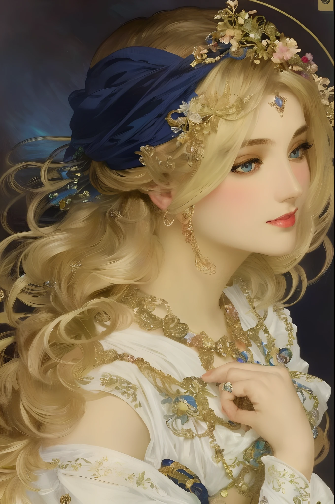 model style, (extremely detailed cg unity 8k wallpaper), full image of the most beautiful piece of art in the world, ((blonde (((woman))) from 40s)), trending on artstation, popular in cgsociety, intricate, detailed, sharp, dramatic, photorealistic paintings. Manzanedo, author (Alphonse Mucha), Gaston Bussière