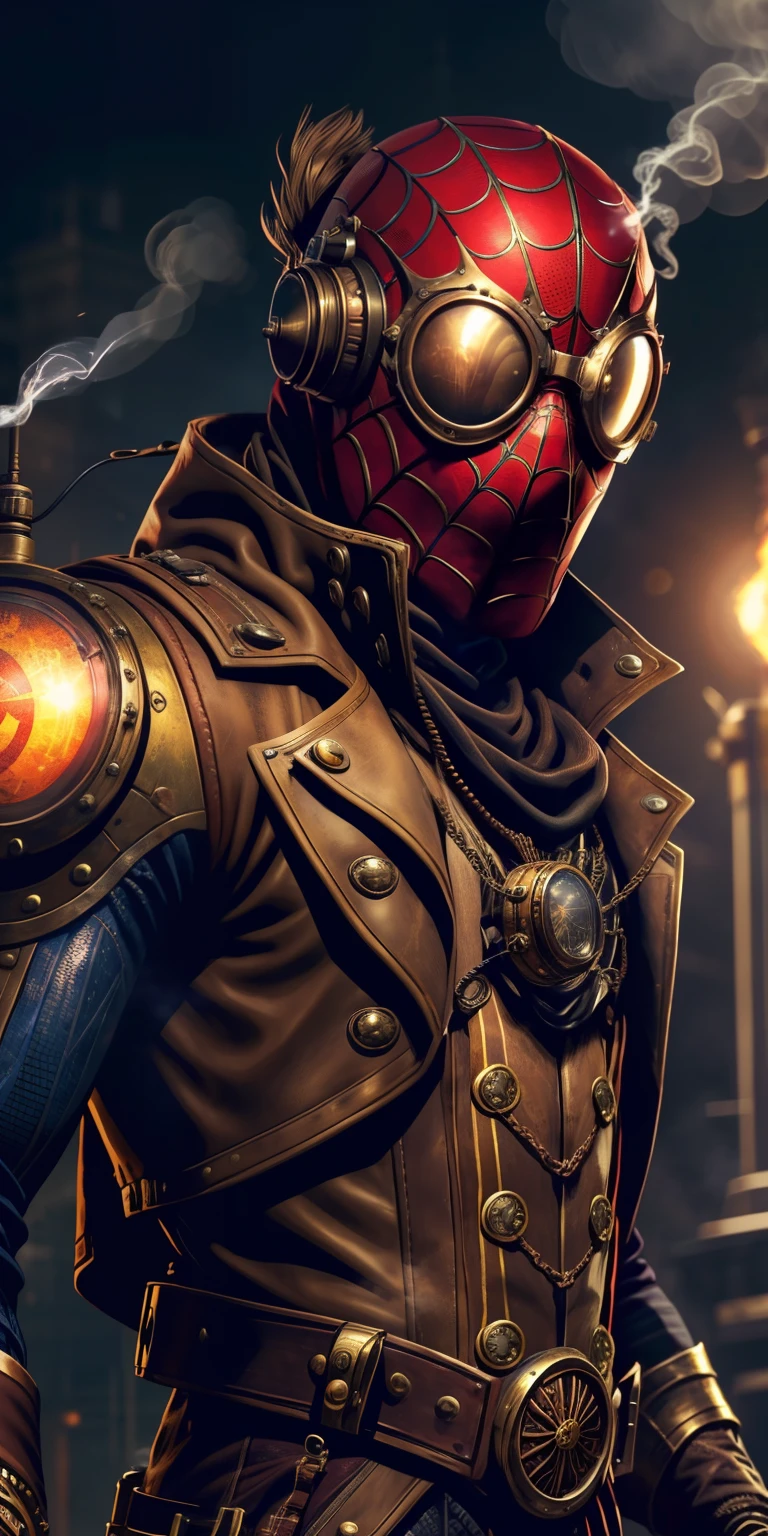 Spider-Man Steampunk sports a leather and brass suit adorned with mechanical details. Its chest features a spider gear that is a steam generator. He uses steam cannons on his wrists as "spiderwebs". His mask has smoked lenses and aviator-style goggles.. Battle mechanical villains and command pirate airships in an alternate industrial age. 🕸️🚂🔧 las mejores sombras, HDR uk, ultra detallada