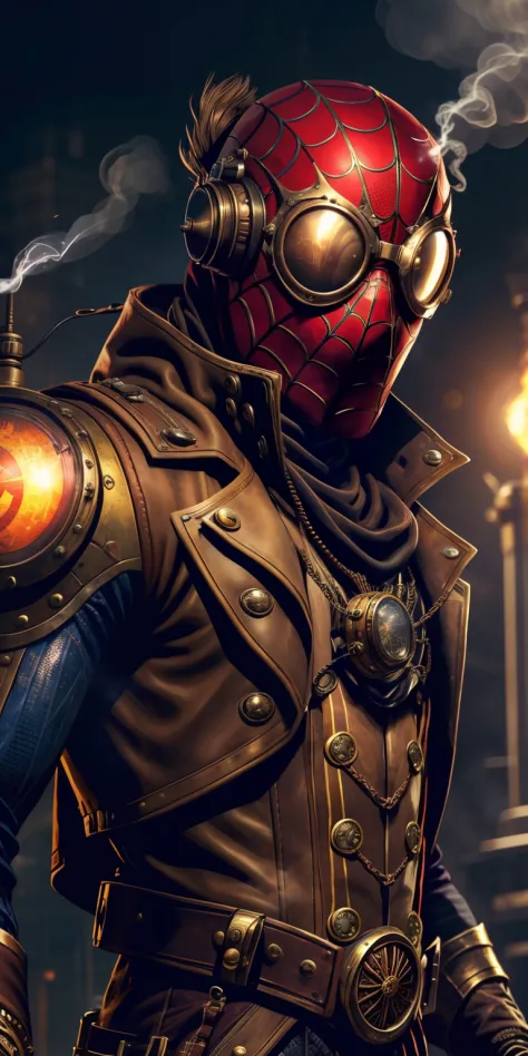 Spider-Man Steampunk sports a leather and brass suit adorned with mechanical details. Its chest features a spider gear that is a...