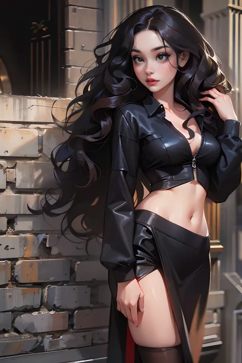 full body. a 26-year-old woman, brunette with long black hair. curly hair. captivating and seductive look.