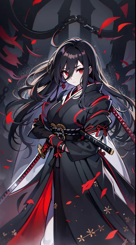 upper body, 1woman, grey-black hair, Long Haired, red eyes, ((ronin)), black cape, big breats, wallpaper, chain background, light particles, ((masterpiece)), ((best quality)), ((Top Quality)), pale white skin, solo, long black katana